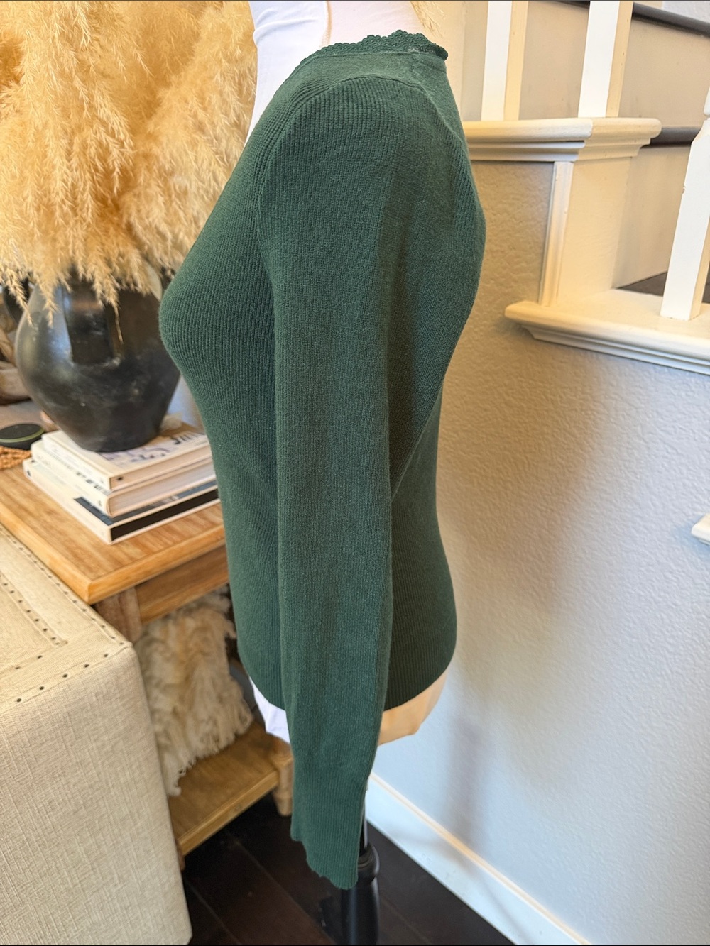 Anthropologie Scallop Lace-Trim Green Long Sleeve Ribbed Sweater Size Small - Picture 5 of 8